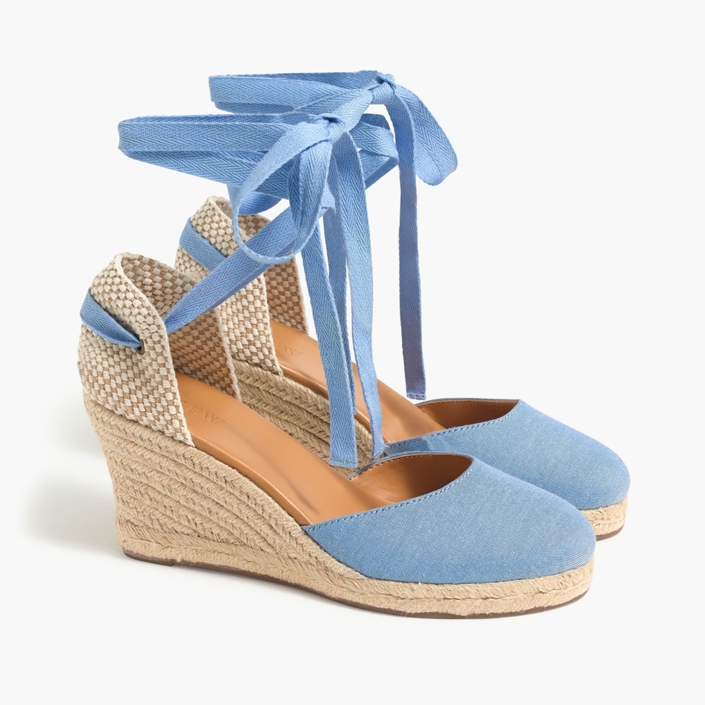 J. Crew Factory Chambray Ankle-Wrap Espadrille Wedges